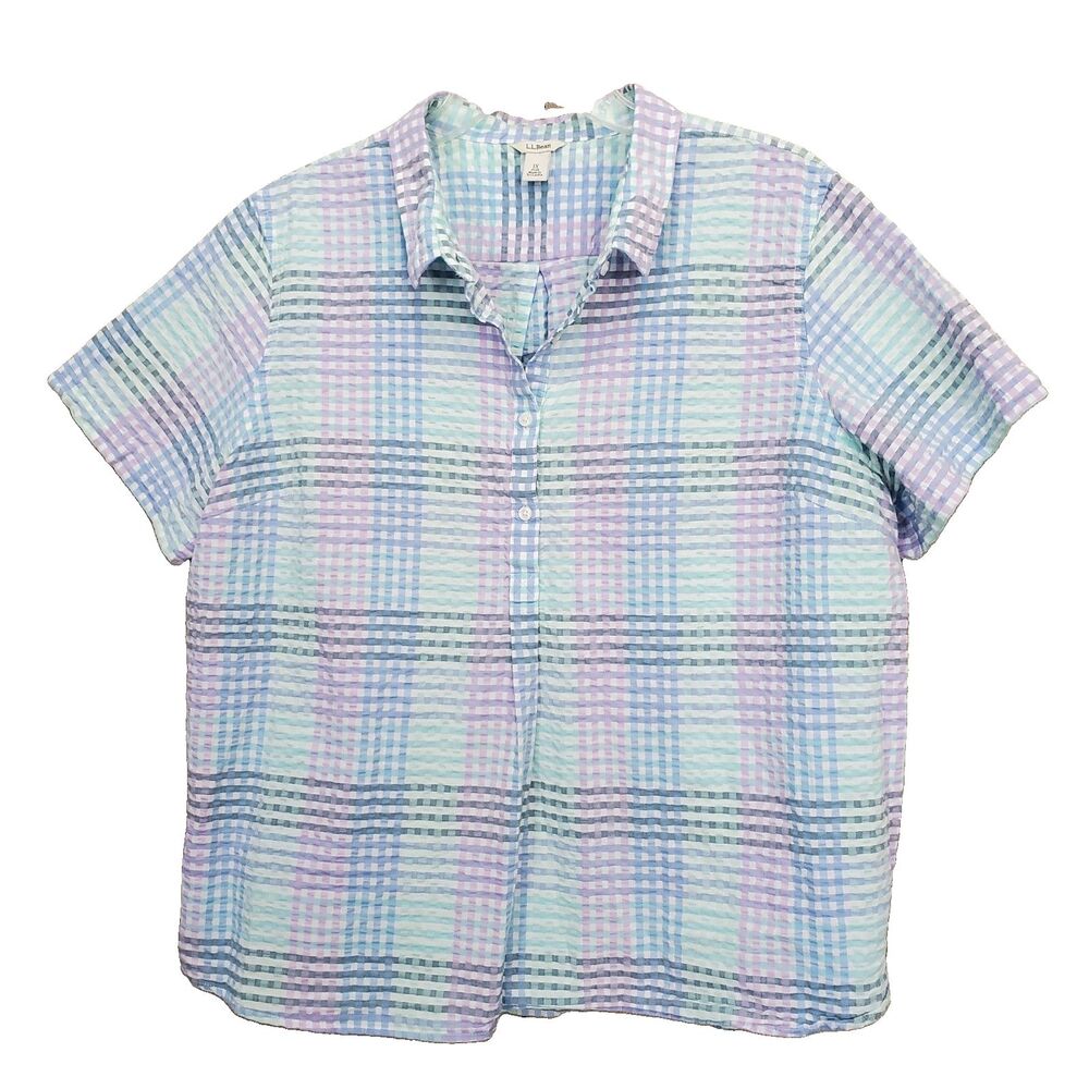 LL Bean Women's Vacationland Seersucker Plaid Short Sleeve Popover Top  Size 1X